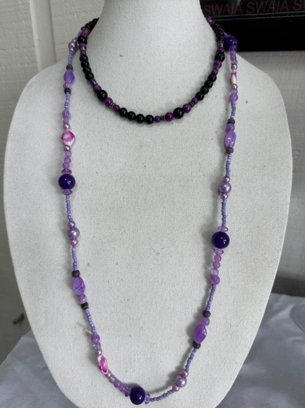 Mixed Beads Long Purple Necklace with Short Dark Purple Necklace
